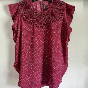 Anthropologie Ranna Gill Floral Markie Flutter Sleeve Cutwork Blouse Size S Red
